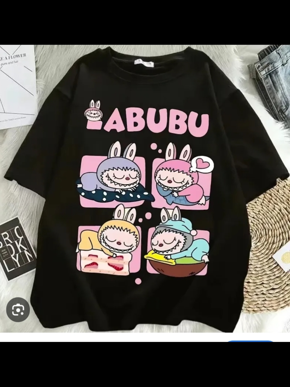 Kids Cute Cartoon Labubu Graphic Tee - Black with Pink Accents